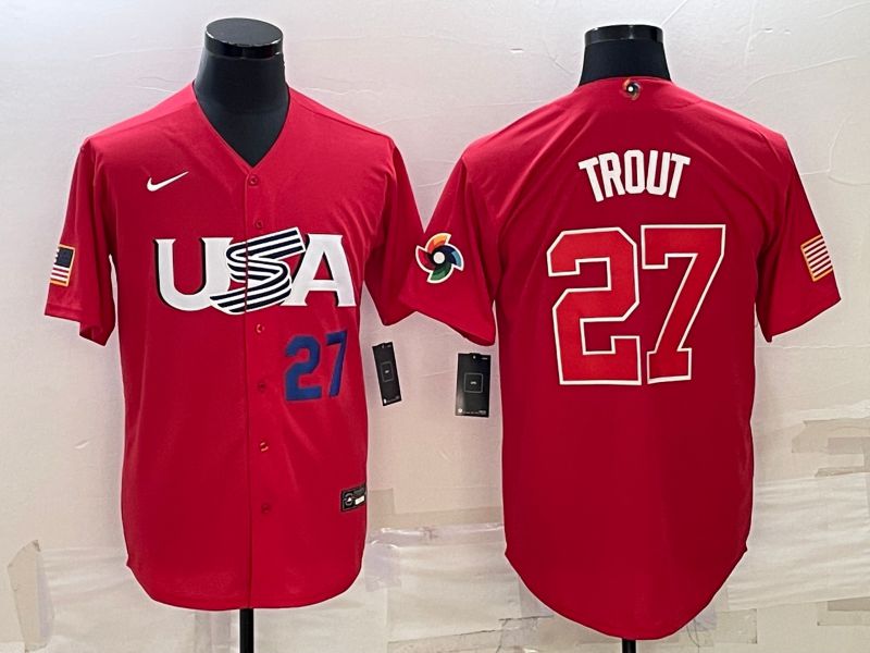 Men 2023 World Cub USA #27 Trout Red Nike MLB Jersey3